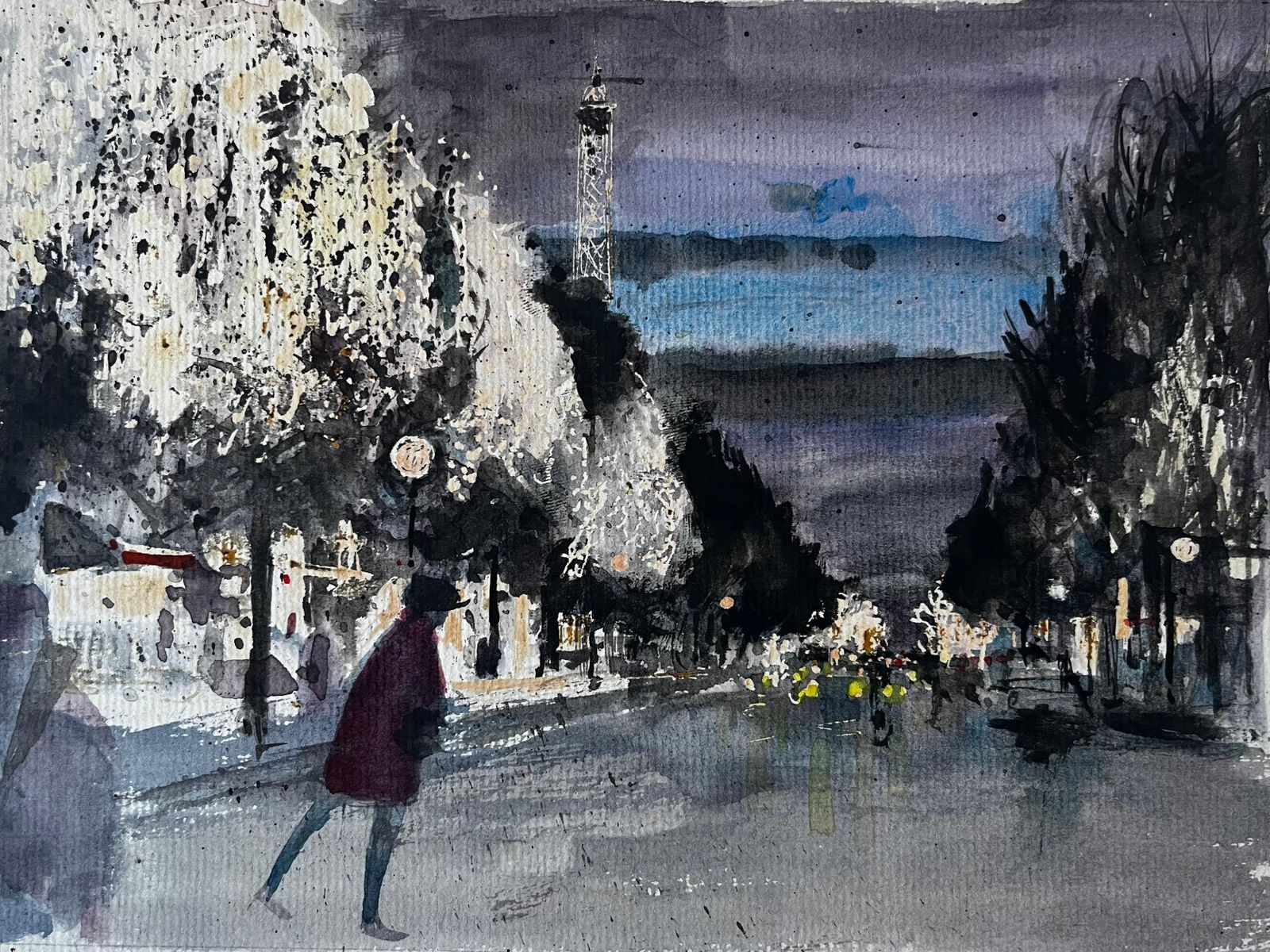 Pierre Neveuparis Eiffel Tower Night Street Scene Figures Winter Trees City Lights