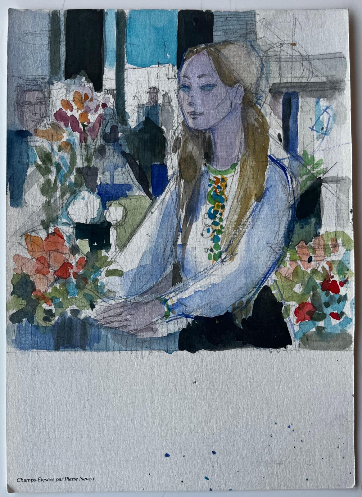 Pierre Neveuseated Woman With Flowers Interior Scene Figurative Watercolour By Pierre Neveu photo furniture