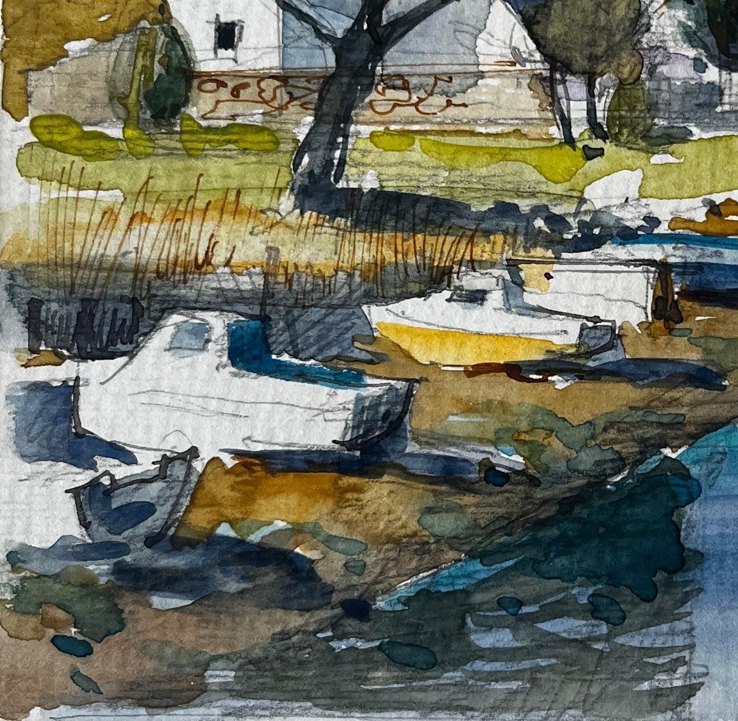 Pierre Neveufrench Harbour Village Boats Tree And White Cottages Watercolour Study photo 489.0