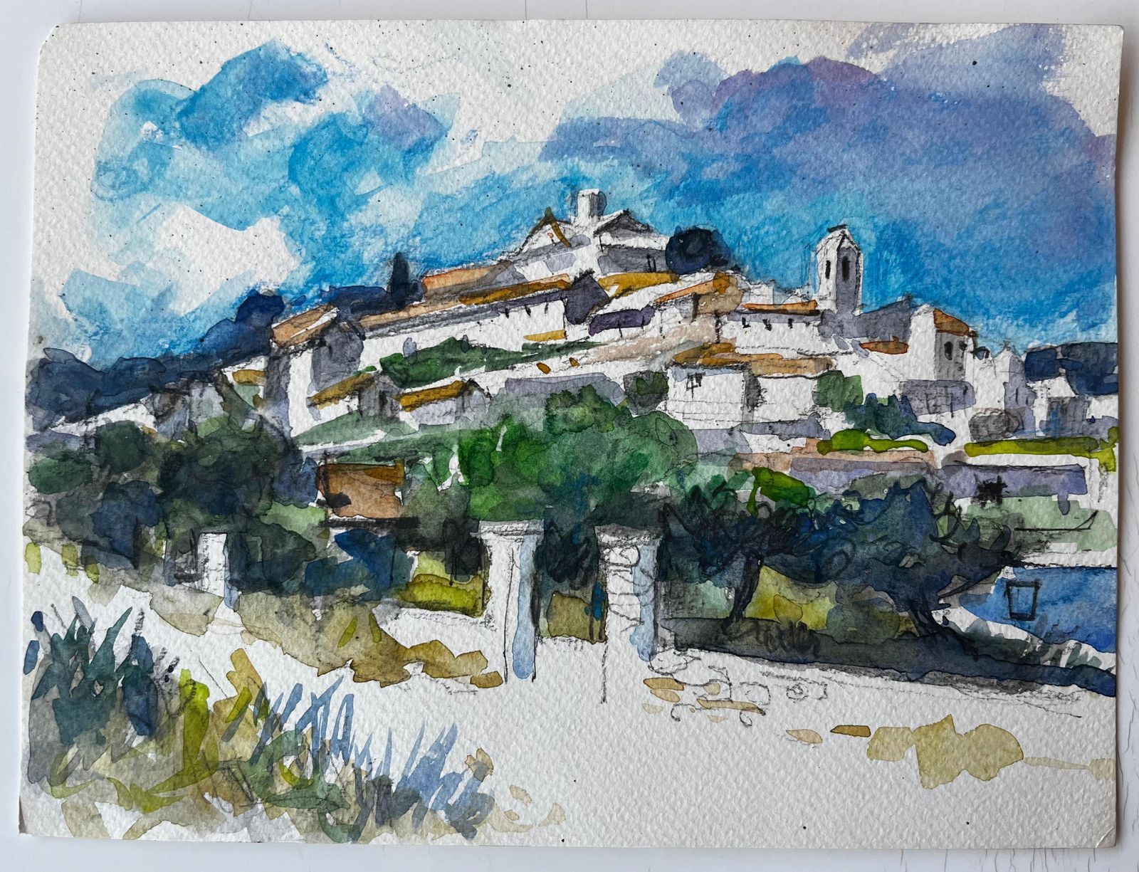 Pierre Neveuhilltop Village White Houses Terracotta Roofs Olive Trees Watercolour Study photo furniture