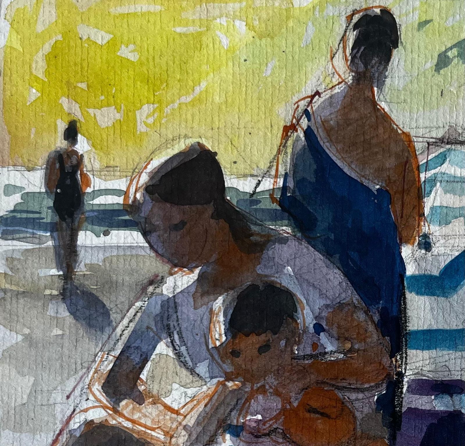 Pierre Neveufamily On Beach With Striped Windbreak Summer Scene Watercolour By Pierre Neveu photo for sale