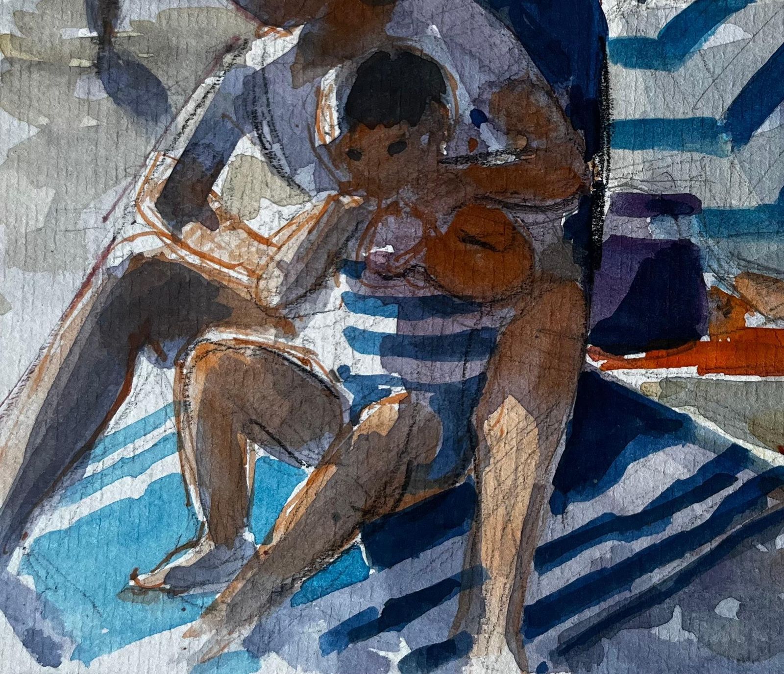 Pierre Neveufamily On Beach With Striped Windbreak Summer Scene Watercolour By Pierre Neveu photo vinterior