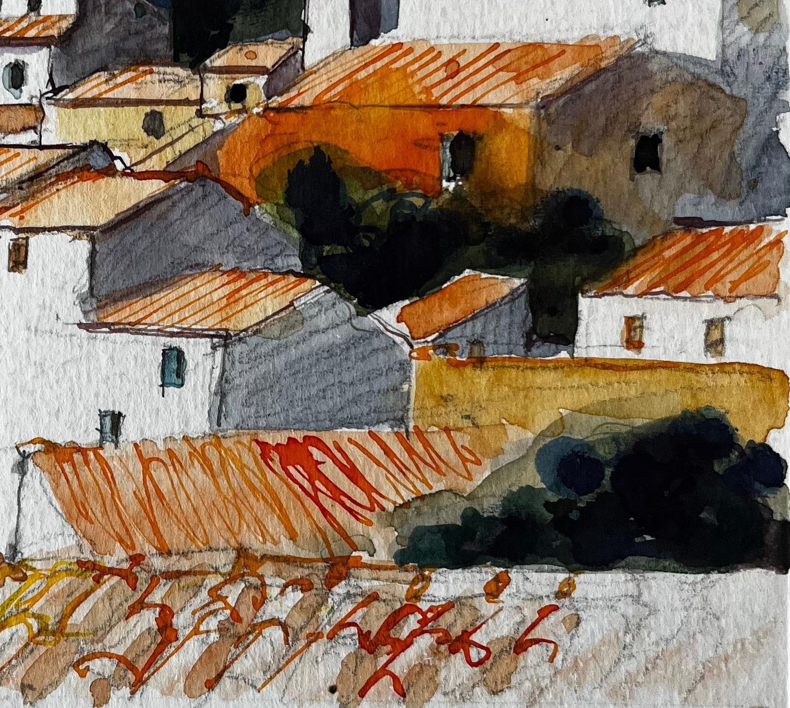 Pierre Neveuprovence Hilltop Village With Terracotta Roofs French Landscape Watercolor photo 550.0