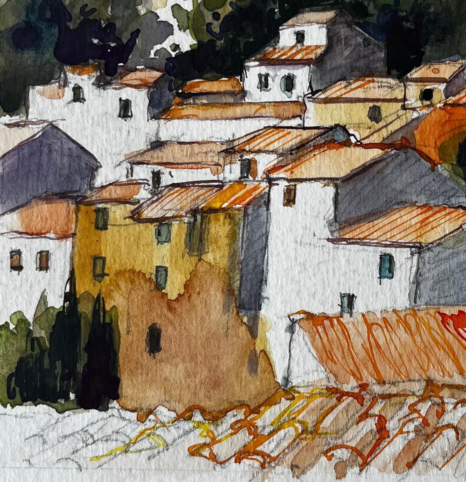 Pierre Neveuprovence Hilltop Village With Terracotta Roofs French Landscape Watercolor photo vinterior