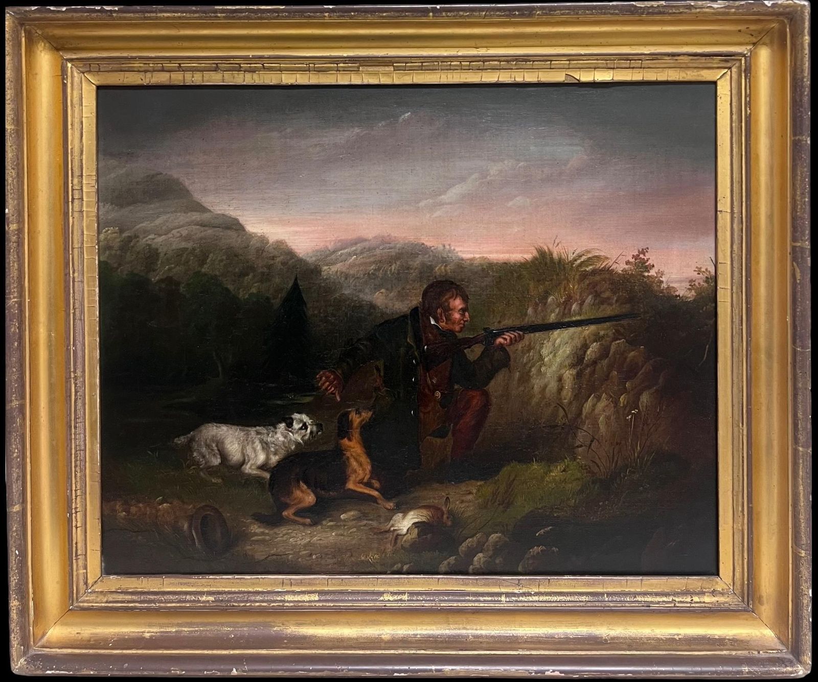 Scottish 19th Centuryfine 1800's Scottish Sporting Art Oil Painting Gentleman Shooting With Gun & Dog