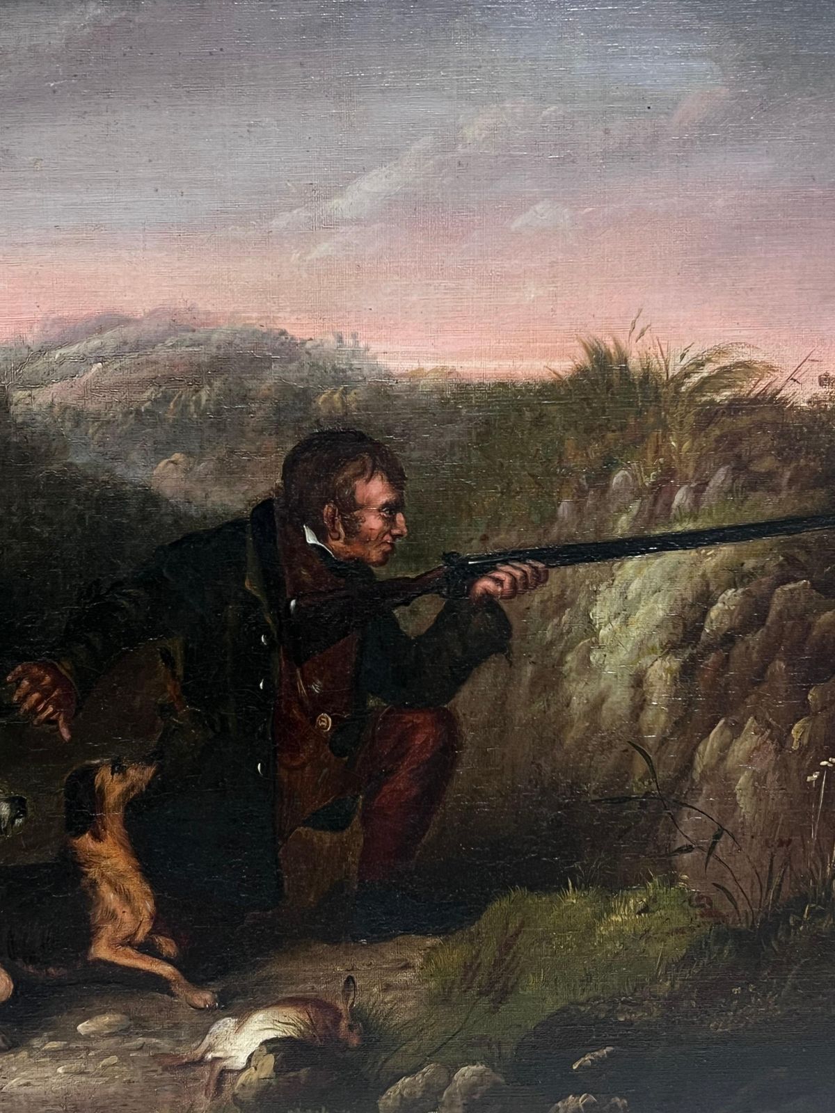 Scottish 19th Centuryfine 1800's Scottish Sporting Art Oil Painting Gentleman Shooting With Gun & Dog photo for sale