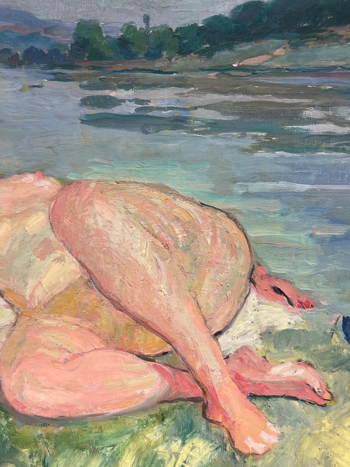 Suzanne Dinkesfrench Mid Century Large Oil Painting Nude Lady Reclining On River Bank1950's photo buy