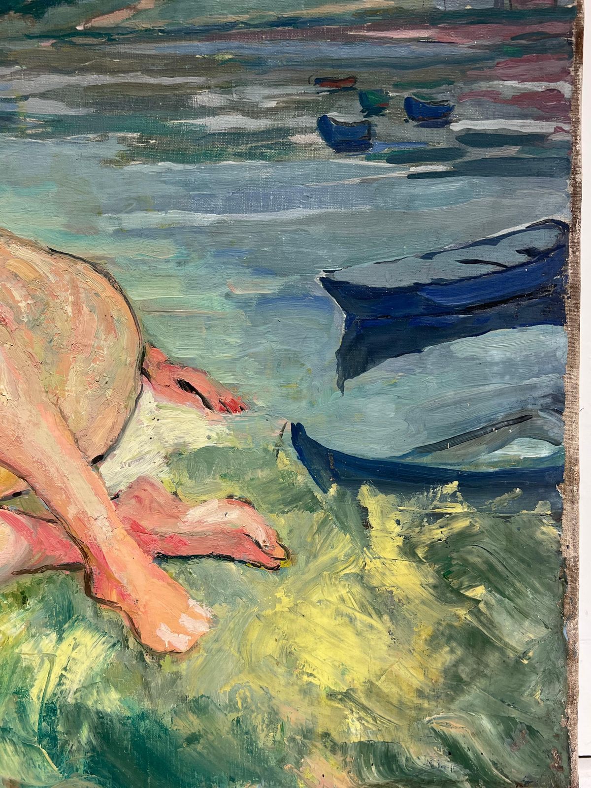Suzanne Dinkesfrench Mid Century Large Oil Painting Nude Lady Reclining On River Bank1950's photo vintage