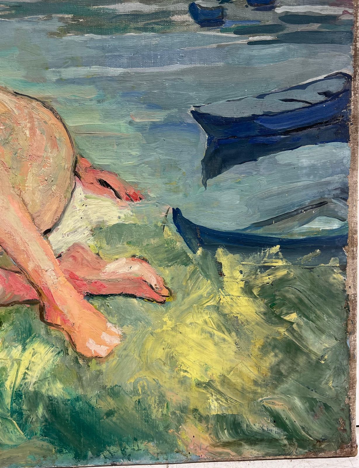 photo furniture Suzanne Dinkesfrench Mid Century Large Oil Painting Nude Lady Reclining On River Bank1950's