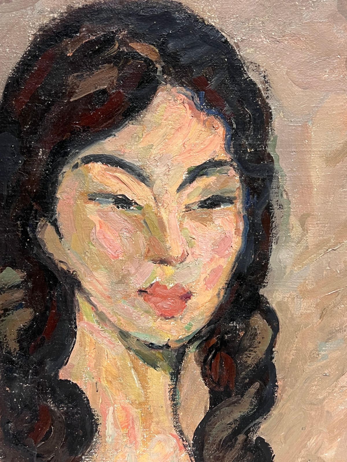 Suzanne Dinkesfrench Mid Century Oil Painting Portrait Nude Woman With Long Dark Hair1950's photo Art