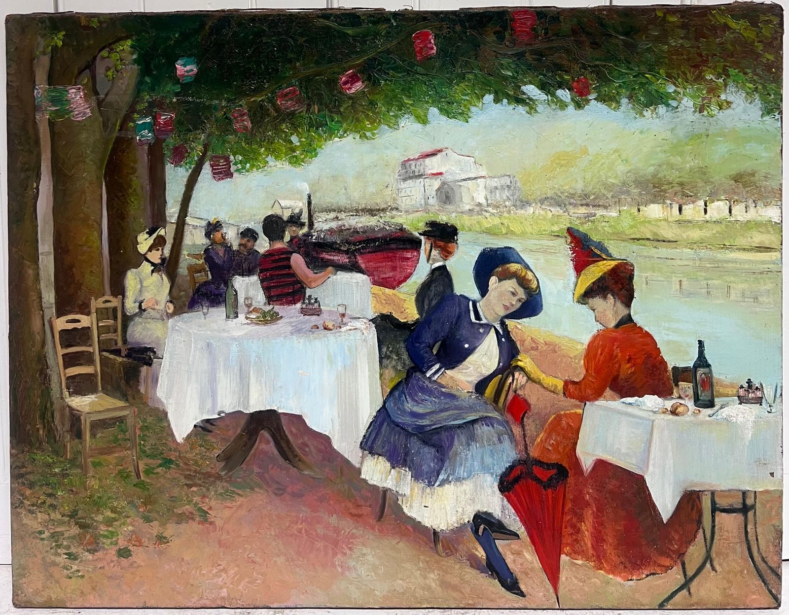 French Belle Epoqueelegant Parisian Figures Enjoying Open Air Riverside Cafe Antique French Oil photo furniture