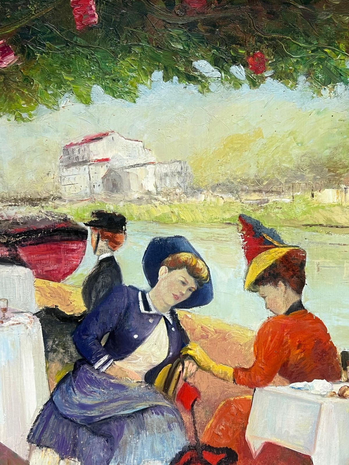 French Belle Epoqueelegant Parisian Figures Enjoying Open Air Riverside Cafe Antique French Oil photo vinterior