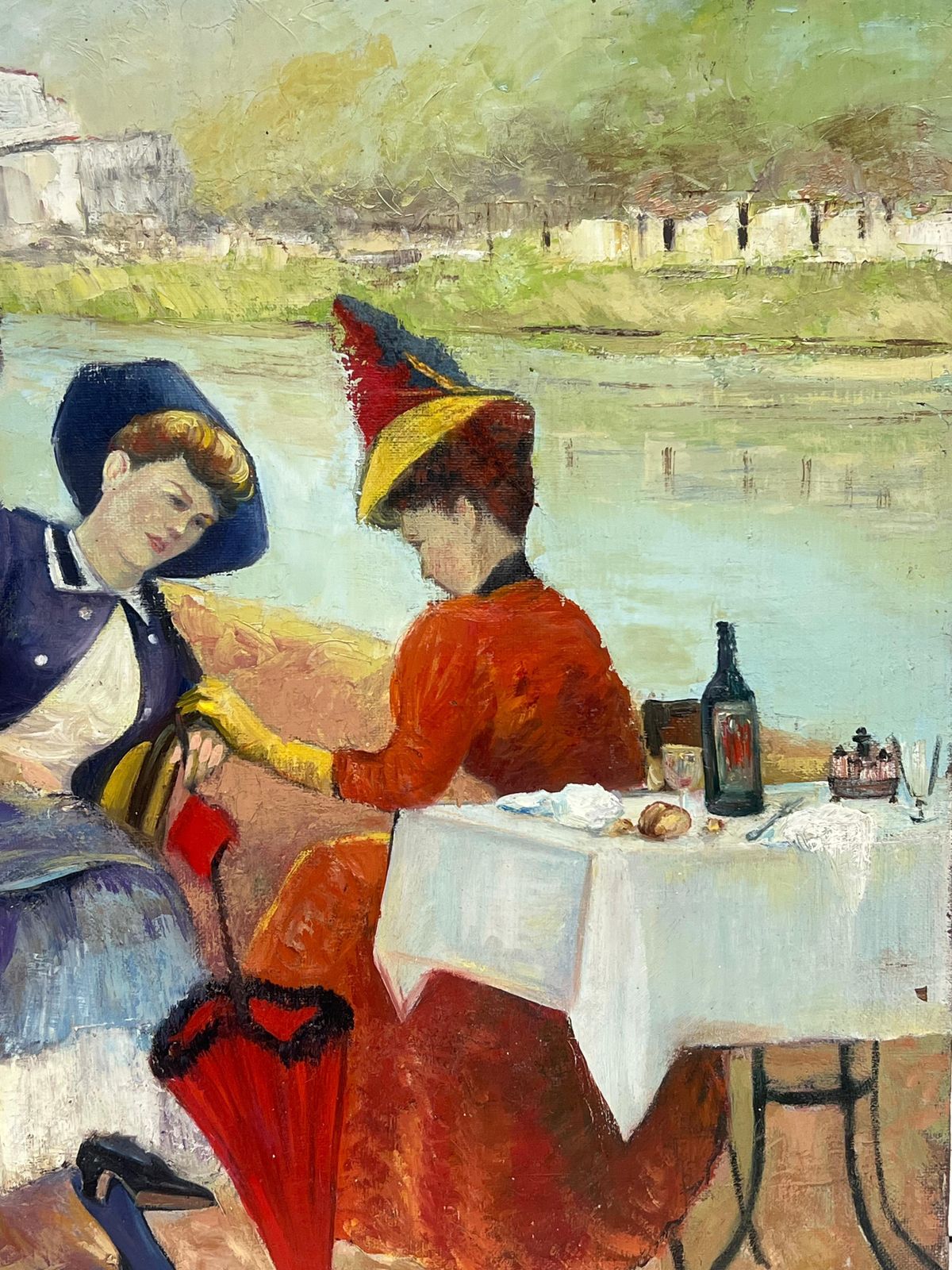 French Belle Epoqueelegant Parisian Figures Enjoying Open Air Riverside Cafe Antique French Oil photo buy