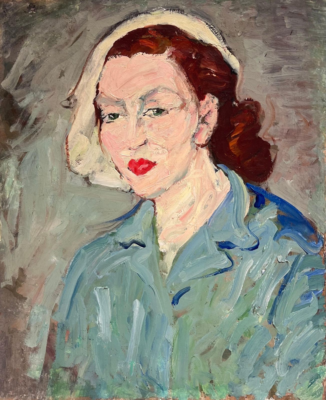 Suzanne Dinkesfrench Mid Century Oil Painting Post Impressionist Portrait Of Woman Blue Blouse1950's