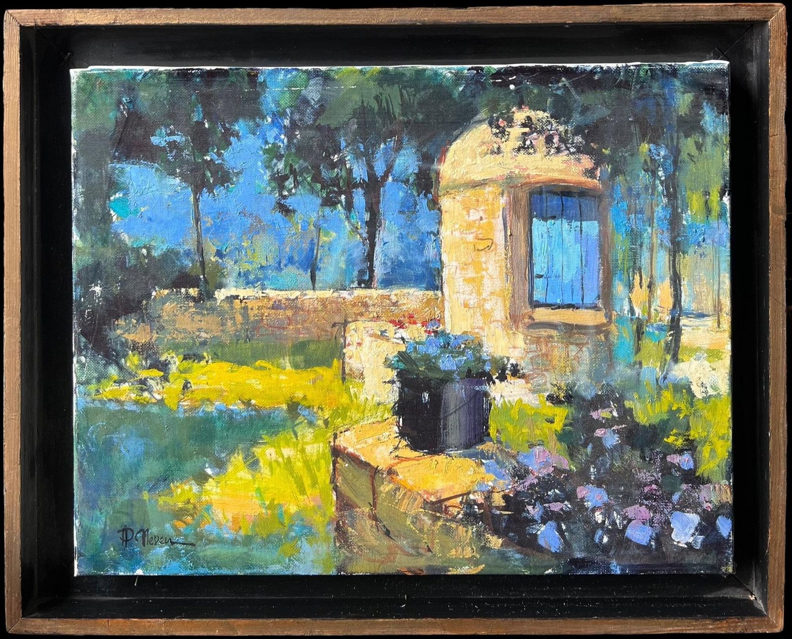 Pierre Neveusunlit Garden With Stone Well And Flowers Beside Shade Trees French Oil Painting