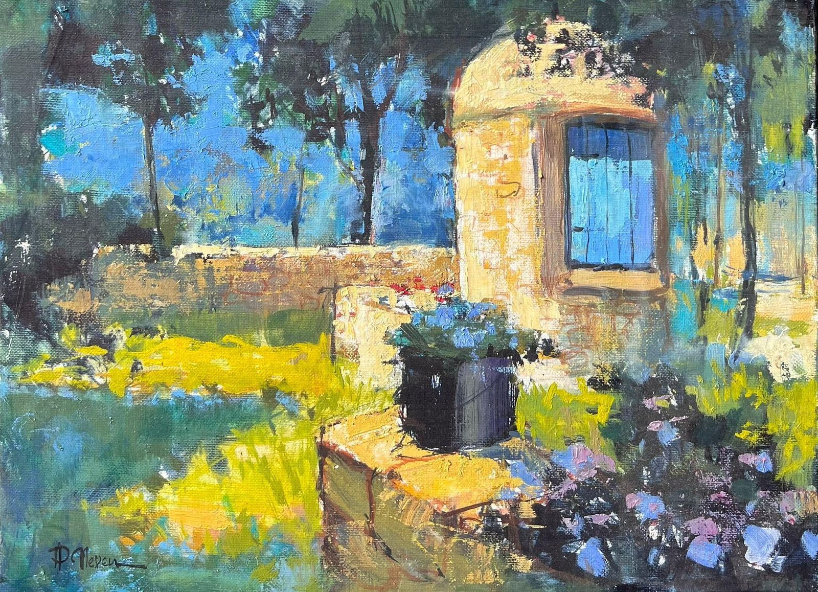 Pierre Neveusunlit Garden With Stone Well And Flowers Beside Shade Trees French Oil Painting photo furniture