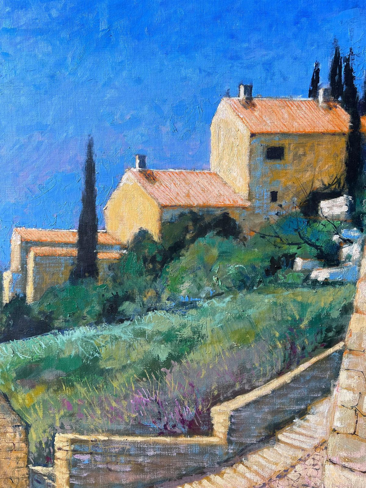 Pierre Neveusunlit Hillside Village With Stone Path And Golden Homes Vue French Oil Painting photo for sale