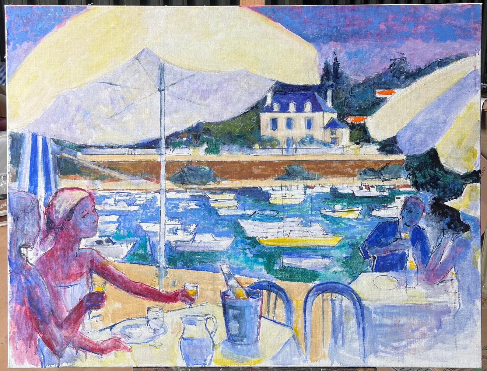 Pierre Neveuseaside Cafe Scene With Diners Overlooking Boats And Villa A French Oil Painting photo furniture