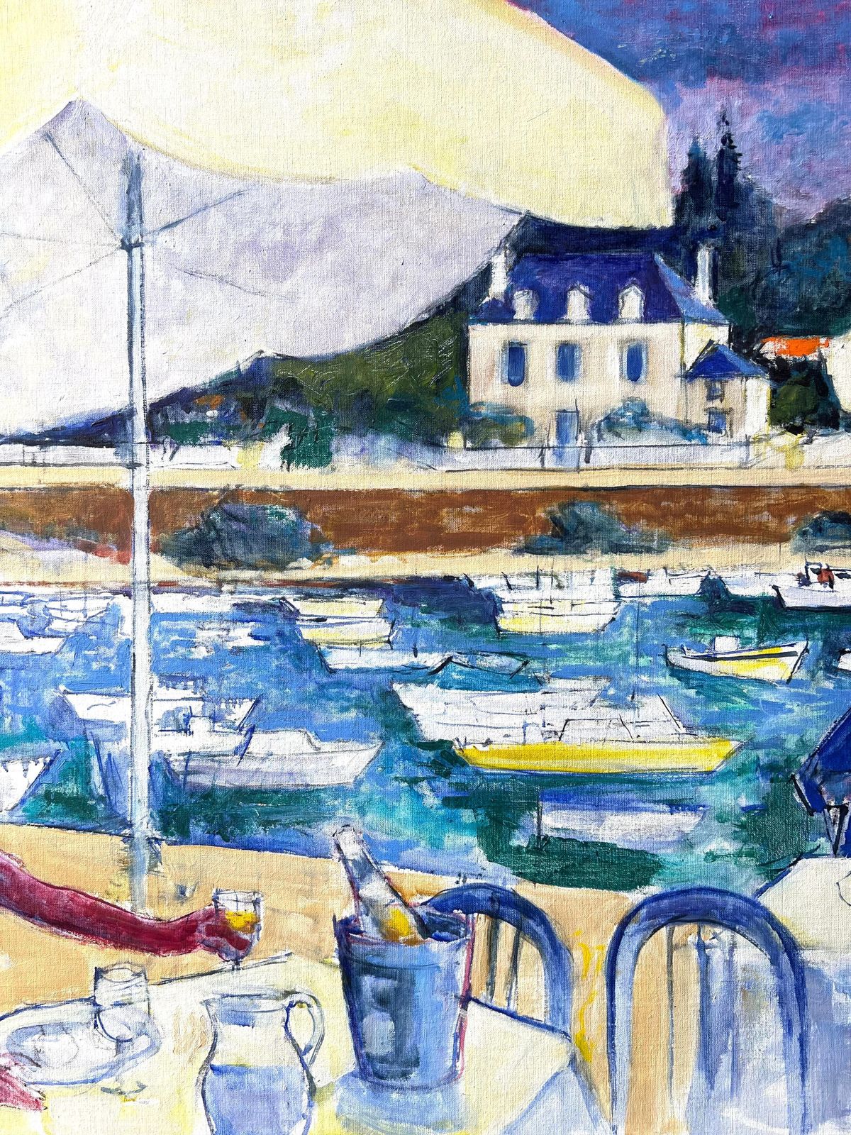 Pierre Neveuseaside Cafe Scene With Diners Overlooking Boats And Villa A French Oil Painting photo buy