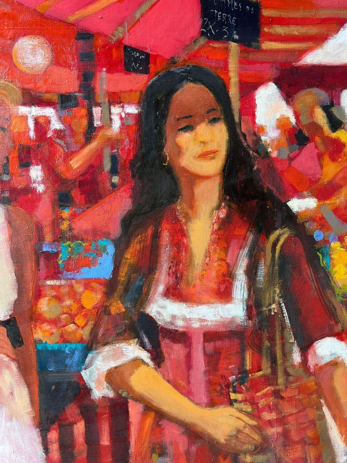 Pierre Neveuwomen Strolling Through Bright Red Market Stalls Filled With Produce French Oil photo vintage