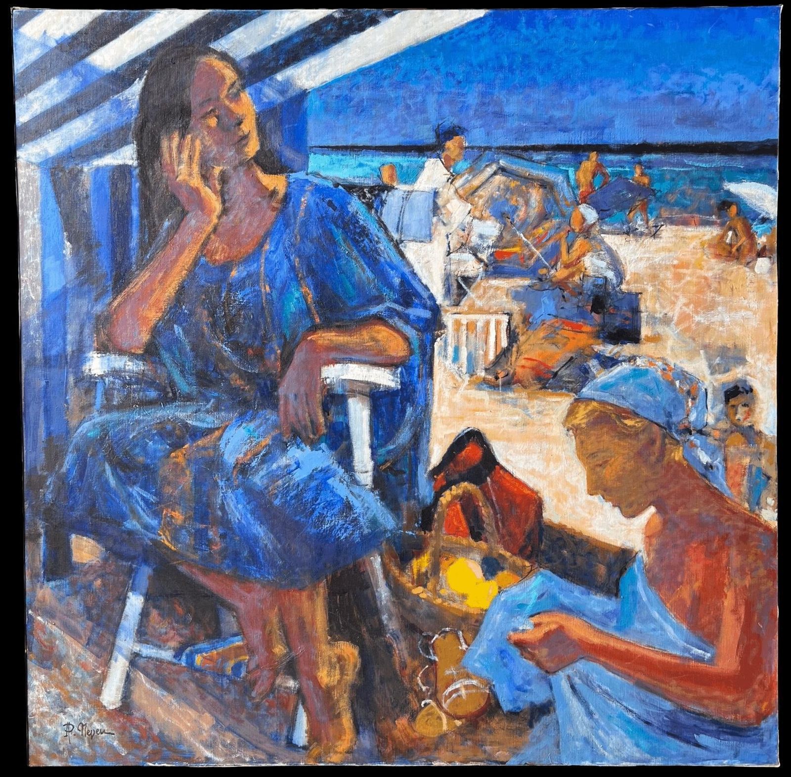 Pierre Neveubeach Figures Under Striped Tent With Busy Summer Scene Warm French Oil Painting photo furniture