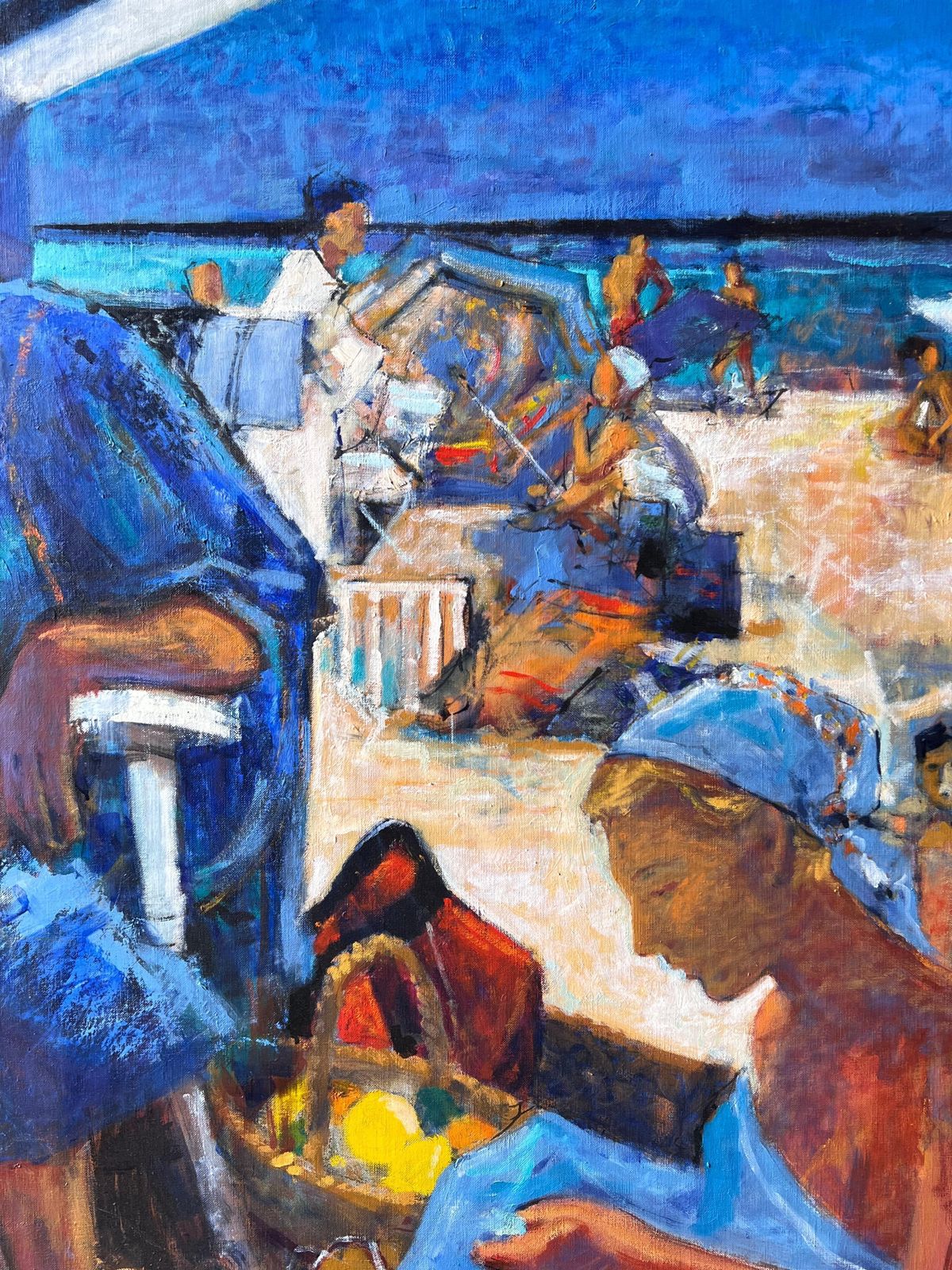 Pierre Neveubeach Figures Under Striped Tent With Busy Summer Scene Warm French Oil Painting photo for sale