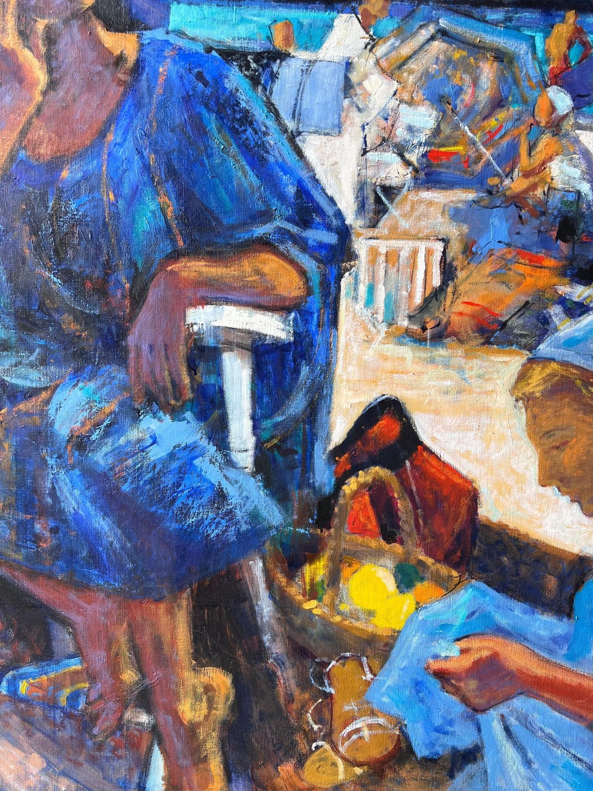 Pierre Neveubeach Figures Under Striped Tent With Busy Summer Scene Warm French Oil Painting photo vinterior