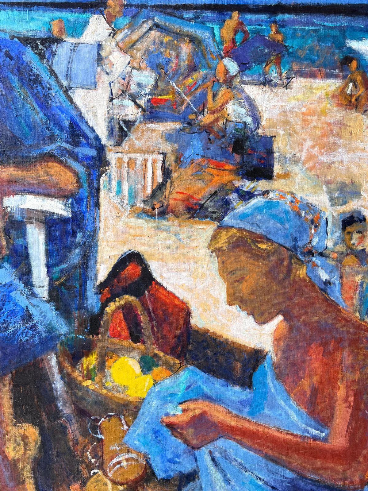 Pierre Neveubeach Figures Under Striped Tent With Busy Summer Scene Warm French Oil Painting photo vintage