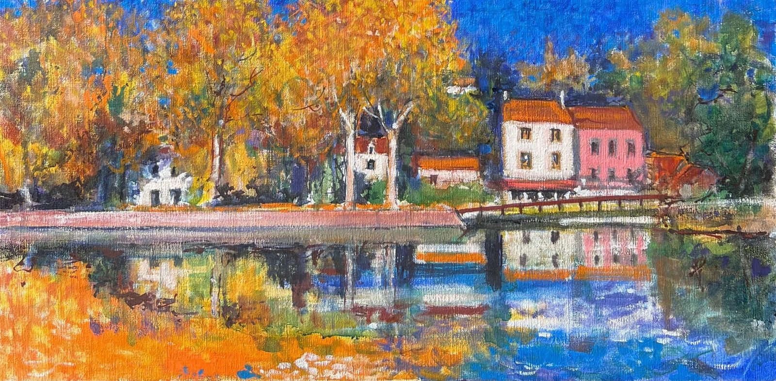 Pierre Neveuautumn Riverside View With Trees And Homes Beside Calm Water French Oil Painting