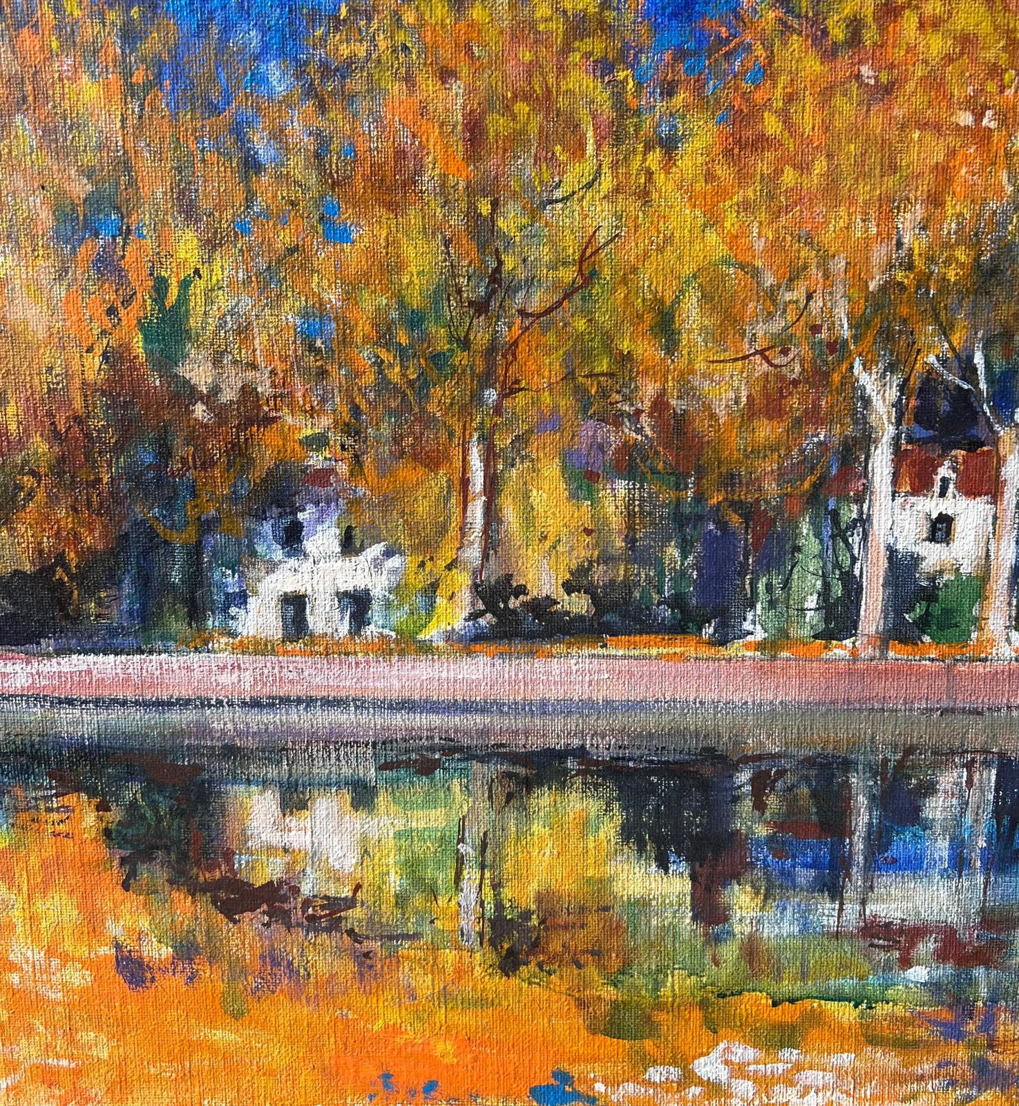 Pierre Neveuautumn Riverside View With Trees And Homes Beside Calm Water French Oil Painting photo 763.0