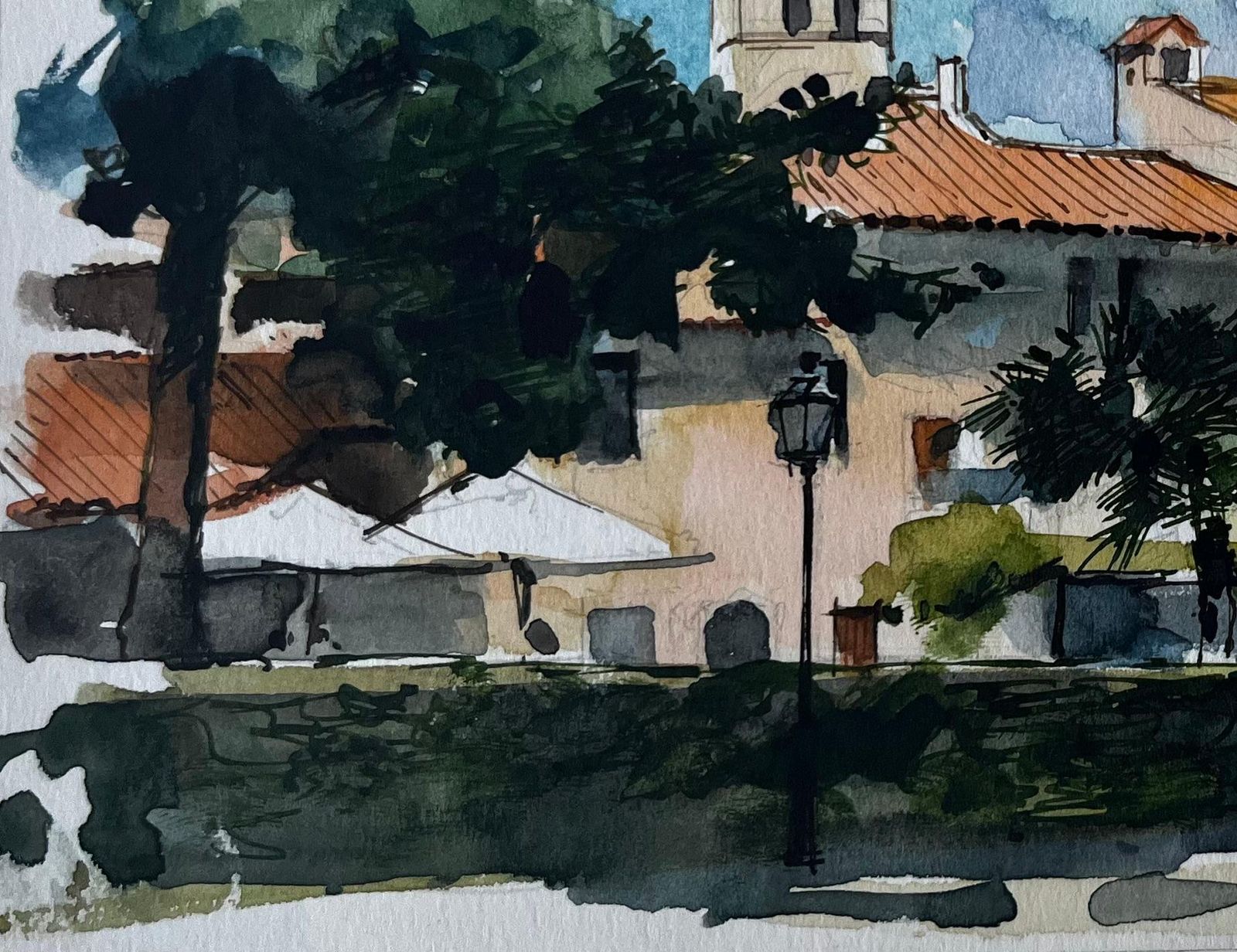 Pierre Neveumediterranean Village Rooftops Church Towers And Pine Trees Watercolor photo Art