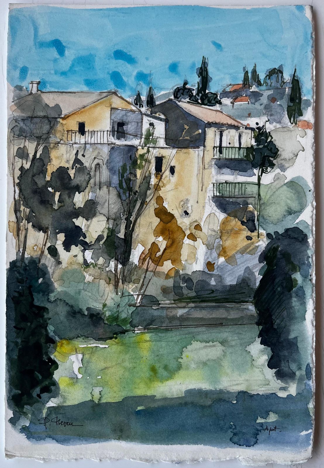 Pierre Neveumediterranean Hilltop Houses Cypress Trees And Sunlit Landscape Watercolor photo furniture