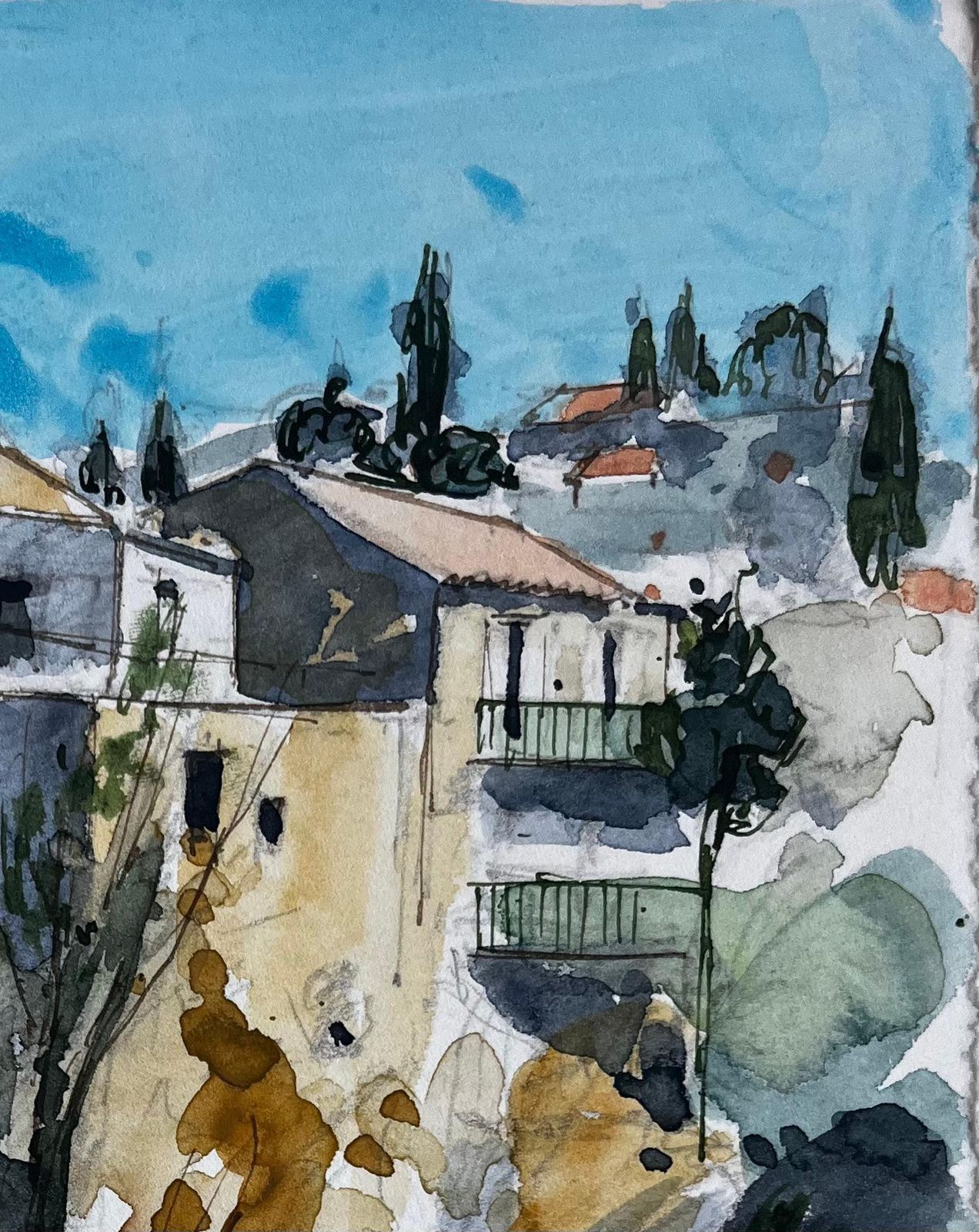 Pierre Neveumediterranean Hilltop Houses Cypress Trees And Sunlit Landscape Watercolor photo for sale