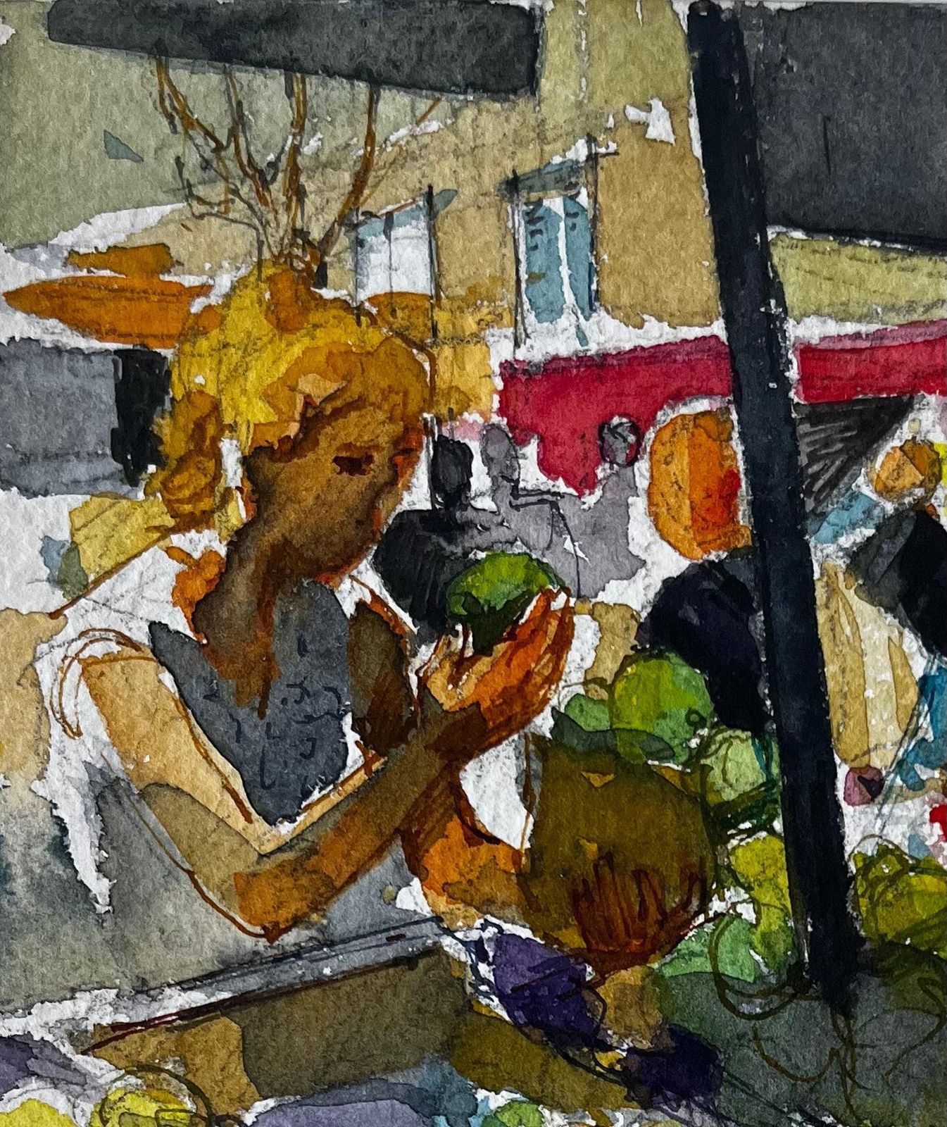 Pierre Neveumarket Stall Fruits Shoppers And Mediterranean Street Scene Watercolor photo for sale