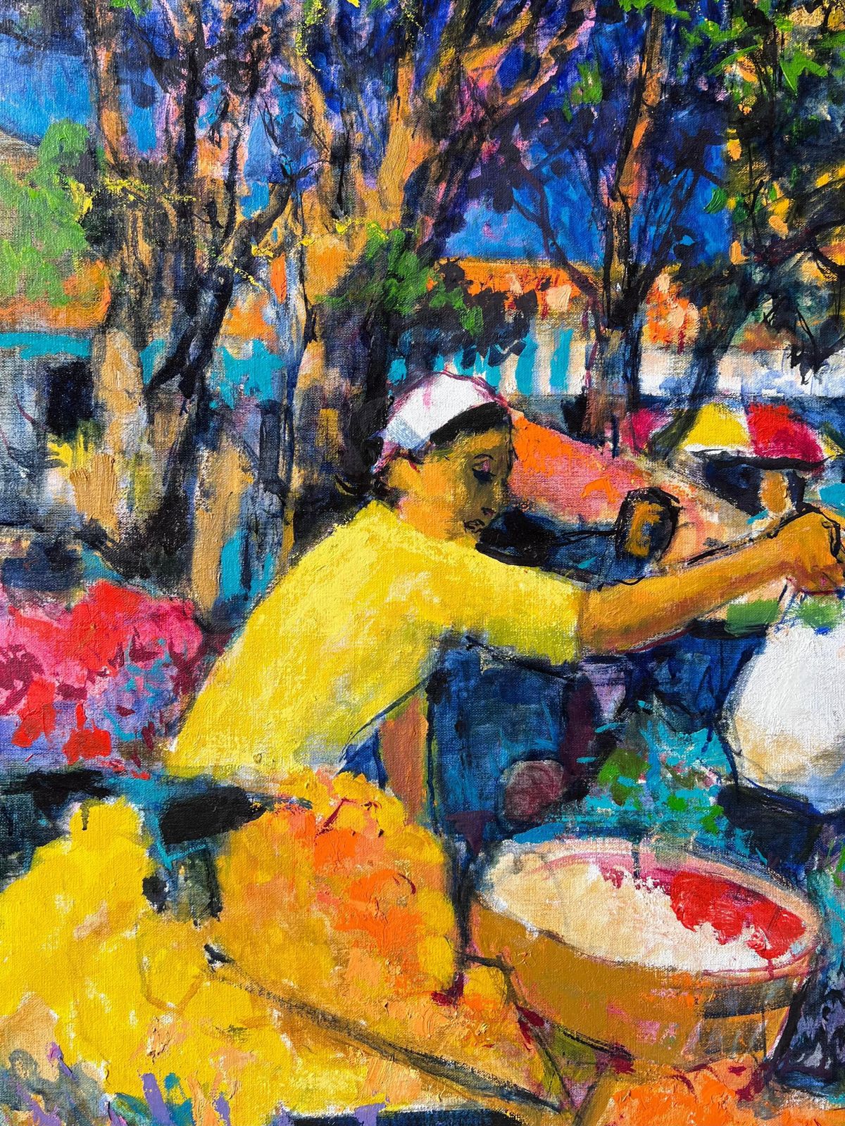 Pierre Neveucolorful Market Scene With Figures Exchanging Fruit In Bright Stalls French Oil photo vintage