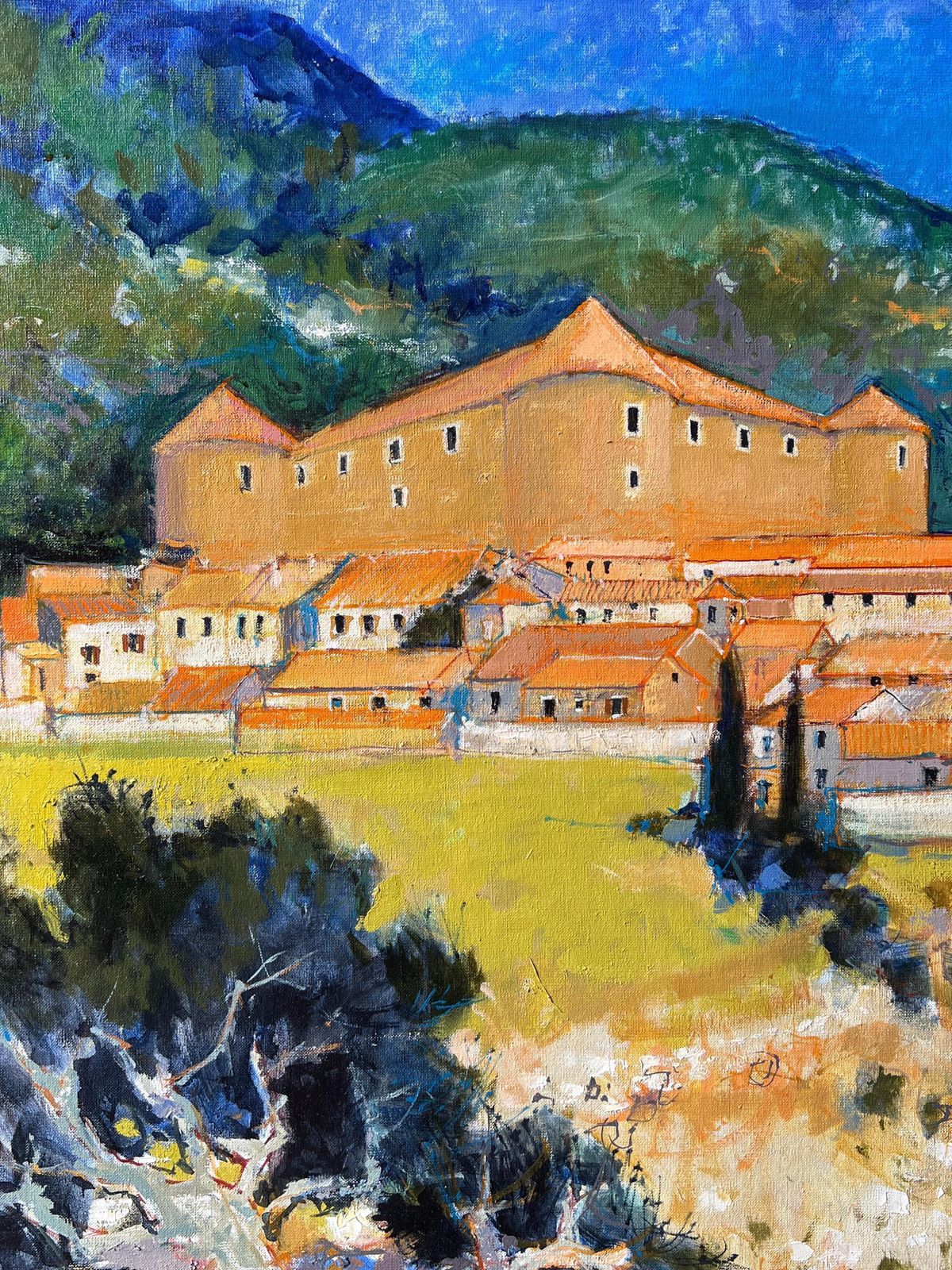 Pierre Neveua Hilltop Fortress Above Orange Roof Village In Sunlit Hills French Oil Painting photo for sale