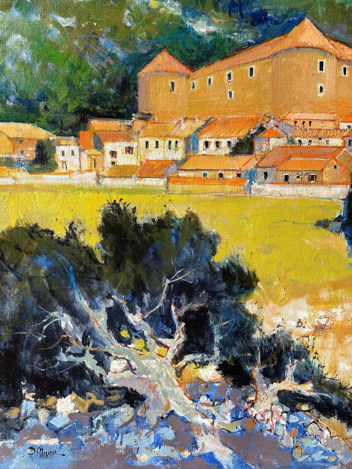 Pierre Neveua Hilltop Fortress Above Orange Roof Village In Sunlit Hills French Oil Painting photo 1274.0