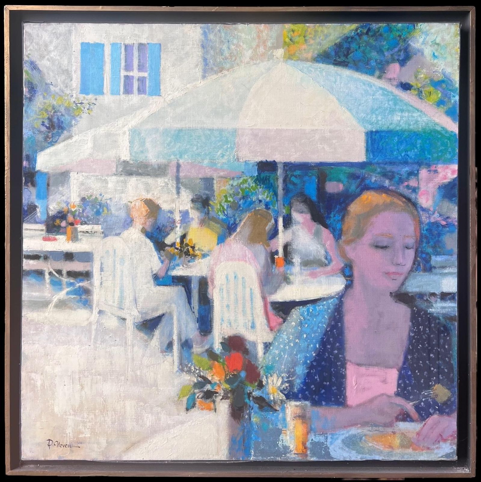 Pierre Neveula Creperie At Chantilly Sunlit Cafe Terrace With Figures In French Oil Painting