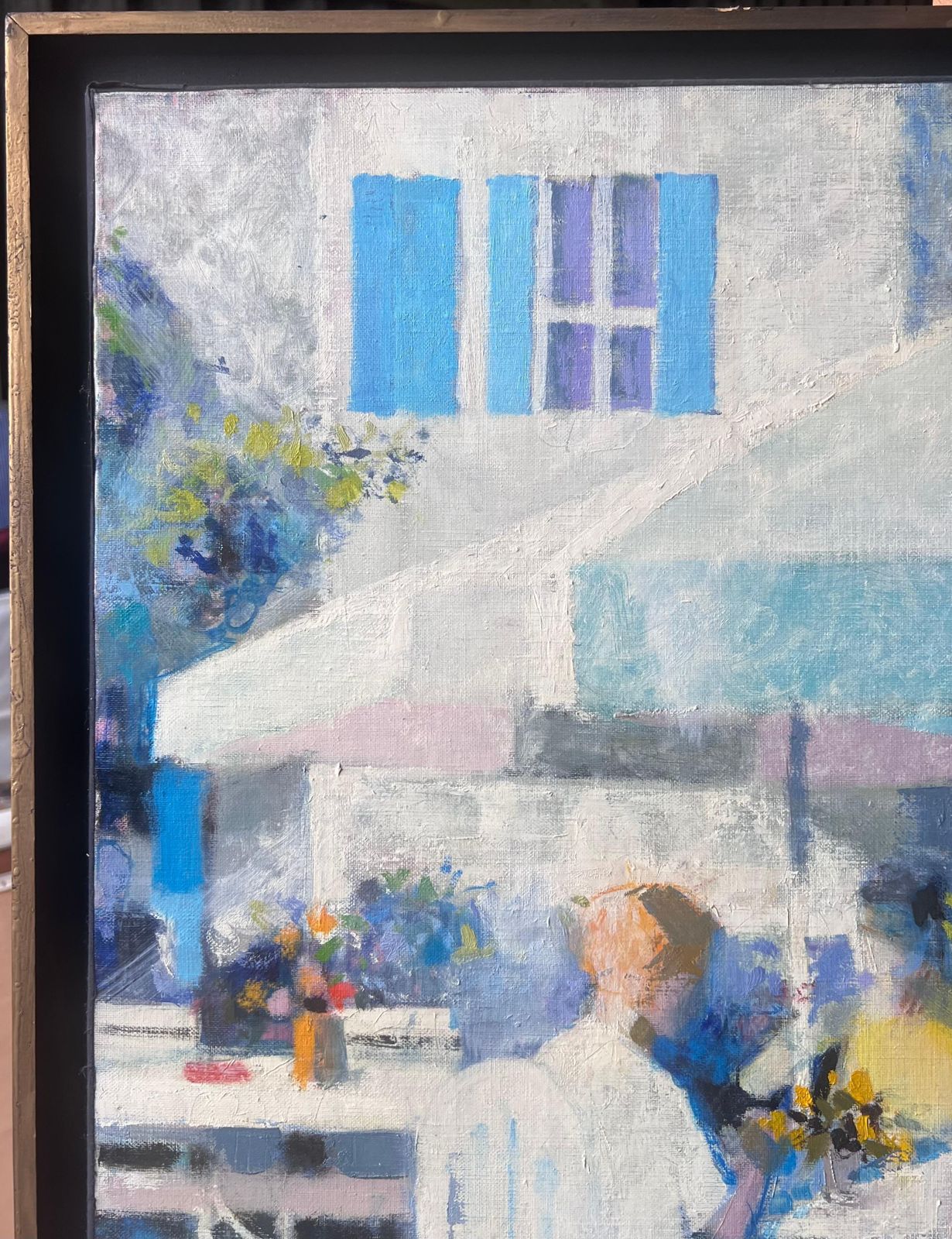 Pierre Neveula Creperie At Chantilly Sunlit Cafe Terrace With Figures In French Oil Painting photo vinterior