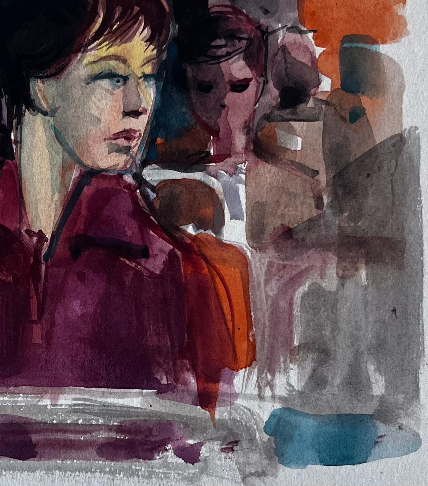 Pierre Neveuwoman On Morning Train Interior Commuter Portrait Watercolor photo 529.0