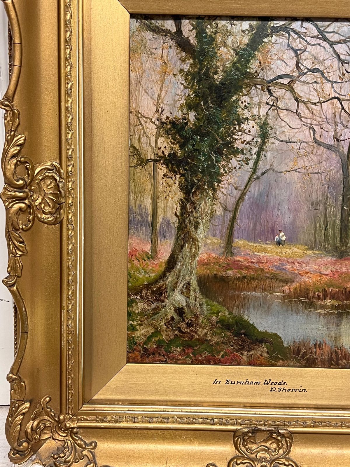Daniel Sherrinburnham Woods Antique English Oil Painting Figures In Autumn Woodland Glade photo vinterior