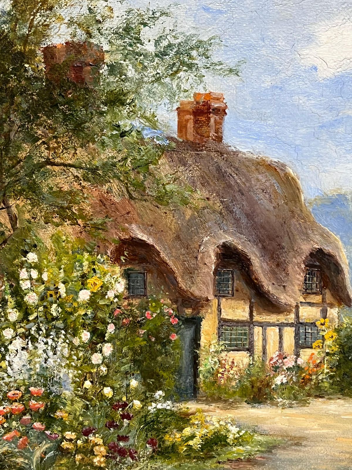 Eva Walbourncharming Victorian Signed Oil Painting Thatched Cottage Hollyhocks Garden photo buy