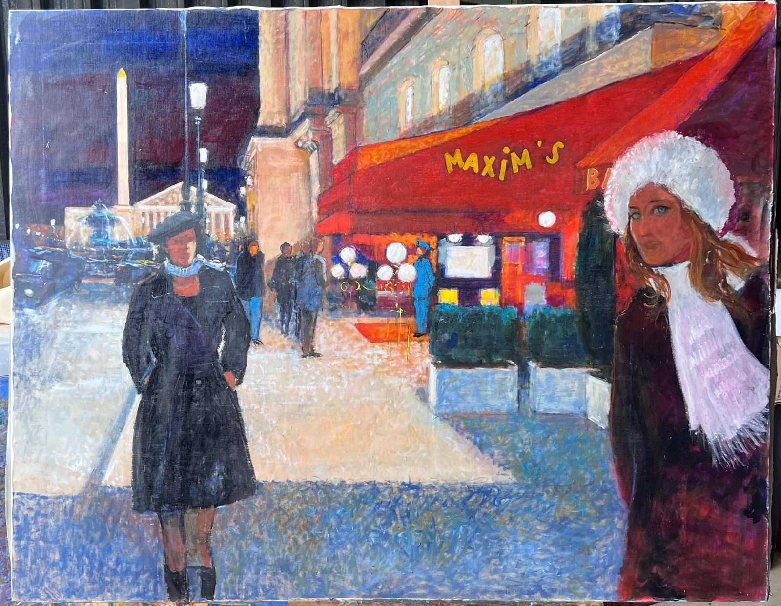 Pierre Neveuat Paris Maxim's Nightly Street Scene With Two Stylish Women French Oil Painting photo furniture