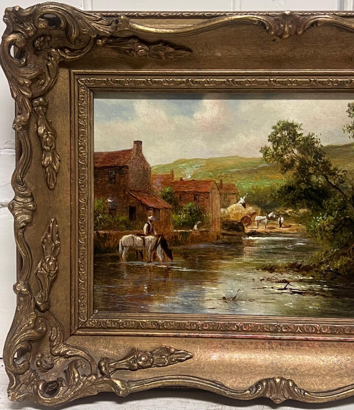 English School (19th Century)antique English Oil Painting Figures Loading The Hay Cart Beside The River photo furniture