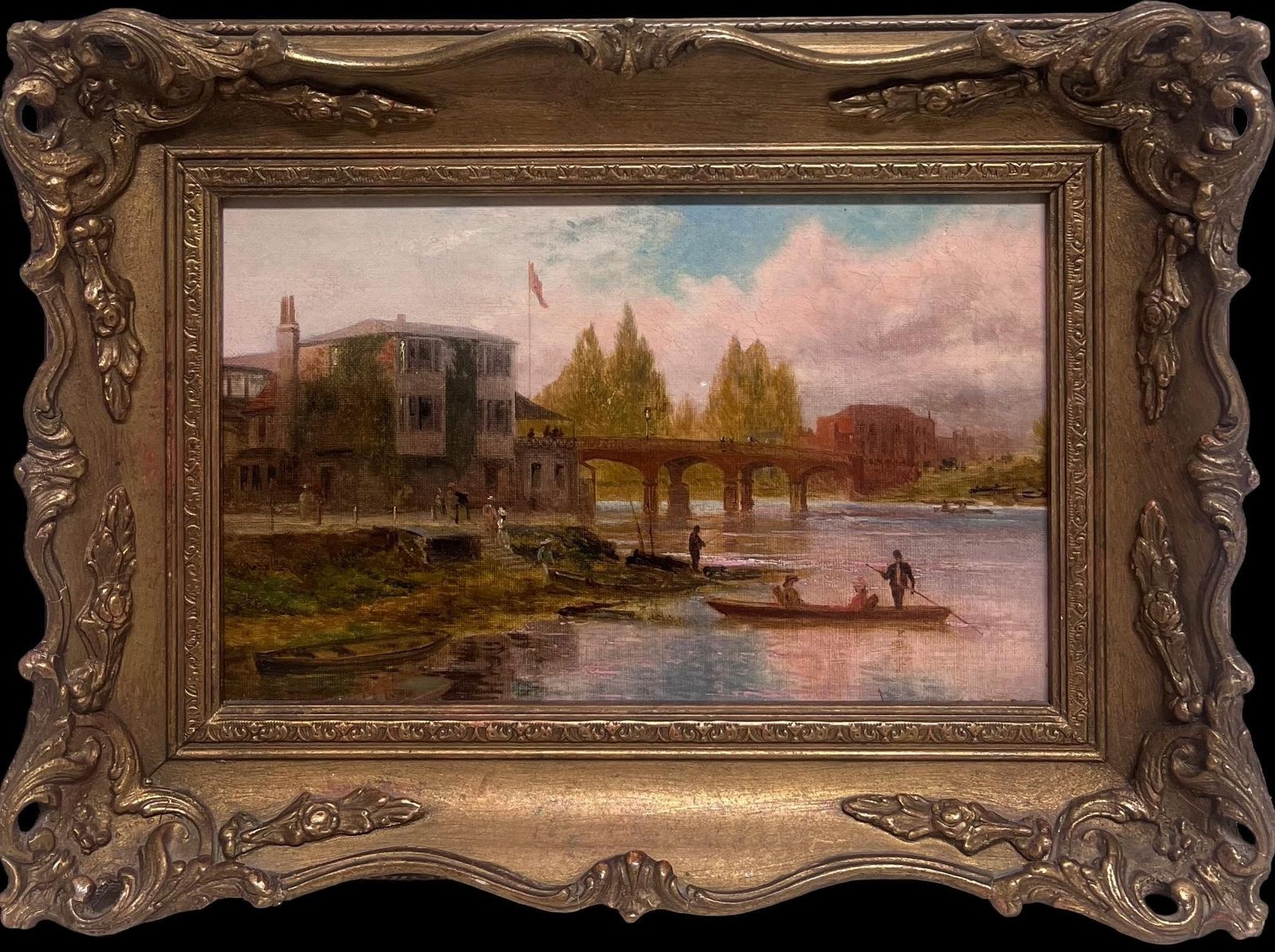 English School (19th Century)antique English Oil Painting Elegant Figures By River Ancient Castle Building