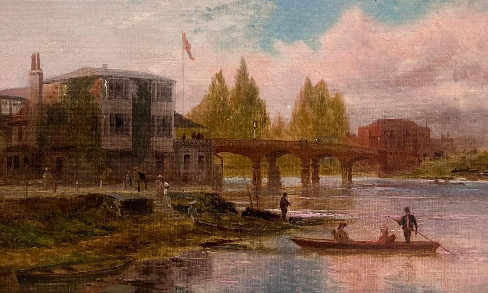 English School (19th Century)antique English Oil Painting Elegant Figures By River Ancient Castle Building photo Art