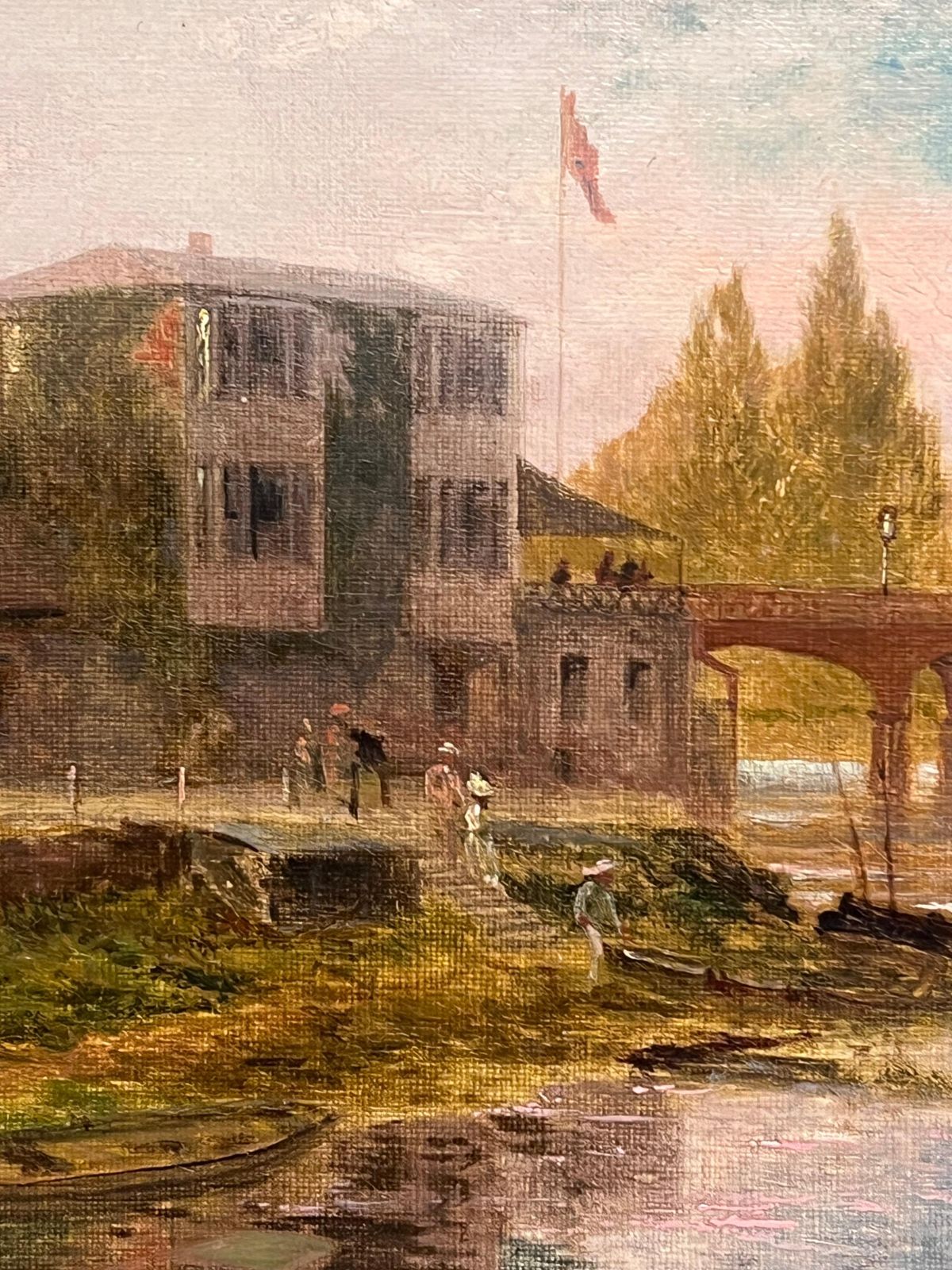 English School (19th Century)antique English Oil Painting Elegant Figures By River Ancient Castle Building photo vintage
