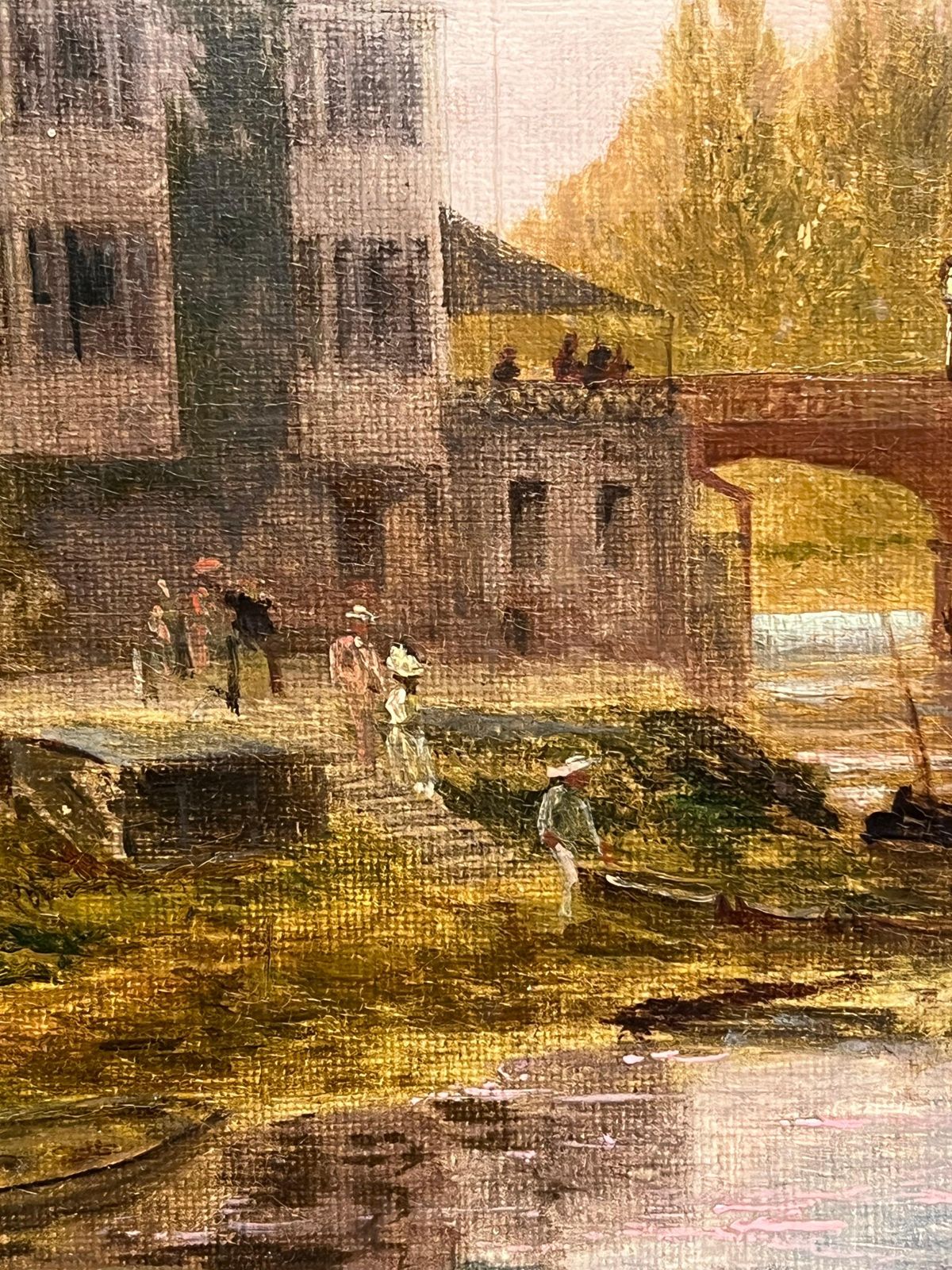 photo for sale English School (19th Century)antique English Oil Painting Elegant Figures By River Ancient Castle Building