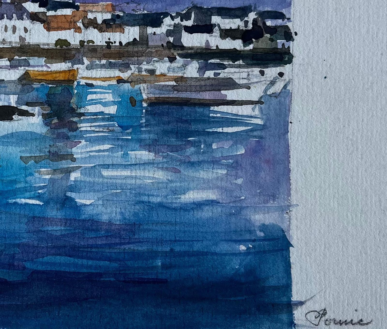 Pierre Neveuevening Harbour Scene Brittany Coast Watercolour Seascape By Pierre Neveu photo 464.0
