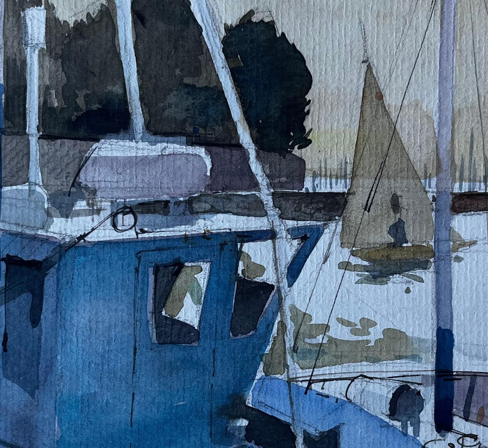 Pierre Neveublue Fishing Boat In Brittany Harbour French Watercolour By Pierre Neveu photo buy